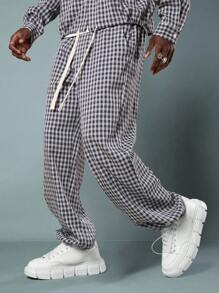 SUMWON Check Pattern Co-Ord Set Long Sleeve Button Down Shirt With Baggy Pull On Pants Casual Streetwear Fashion Fall Winter Spring Collection - Blue - View 4