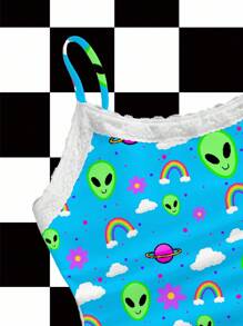 Y2Kool ThisUniqueVibe 蓝色、霓虹绿、色块、彩虹、星球、云朵、外星人、坏人、Y2K、街头风格女士蕾丝拼布两件套，适合夏季、秋季、度假、聚会、派对、日常穿着，适合外出