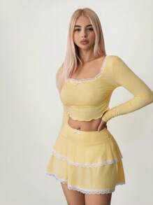 Sweetina 女士两件套黄色蕾丝蝴蝶结内衣套装，性感纯真风格秋季女装 - 黃色 - 查看 4