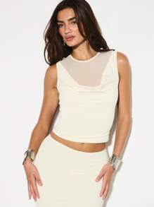 KIZN Sleeveless Cowl Neck Crop Top Evening Party Club Mesh Insert High Fashion Modern Chic Elegant Summer Spring Tank Blouse - Yellow - View 1