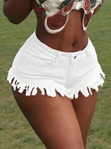 Slaydiva Summer Fashion Fringe Trim Mini Denim Shorts - White - View 4