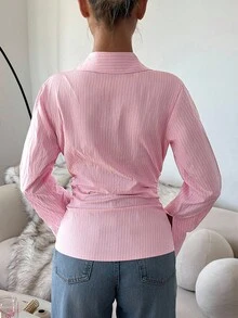 CovetEZ 女式条纹马术印花长袖单排扣休闲衬衫 - 粉色 - 查看 7
