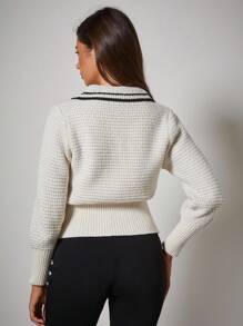 COSMINA Women's Contrast Color Striped Metal Button Thin Cardigan, Autumn/Winter - Black and White - View 2