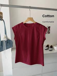 SHEIN LUNE Casual Red Polyester T-Shirt With Round Neck And Batwing Short Sleeves Cotton Tops Maroon Tops Wine Red Top Solid Color Tops - Red - View 3