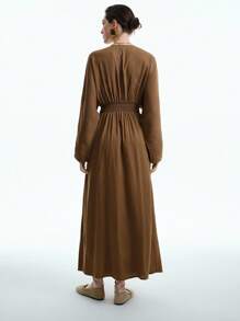 Aalyst Rochie maxi elegantă pentru femei, inspirată din stil vintage, cu talie încrețită și mânecă lungă, ținută sofisticată de birou/casual/petrecere, toamnă/iarnă - Cafea - Vizualizare 6
