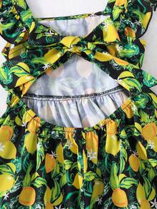 Đầm nơ hở lưng cổ vuông tay bồng họa tiết trái cây nhiệt đới dễ thương cho bé gái, trang phục phù hợp cho mẹ và bé (3 món bán riêng) - màu đen - Xem 5