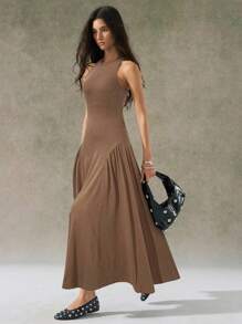 LYSMO 2025年新款女款驼色做旧水洗无袖露背连衣裙，夏季