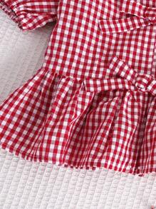 SHEIN 女宝宝休闲舒适圆领蝴蝶结装饰泡泡袖衬衫和短裤套装