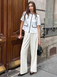 Chiquease Elegancka damska kurtka dojazdowa do pracy, swobodna, z kontrastowym wykończeniem - Biały - Zobacz 4