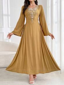 Al Najma 女士 V 领纯色优雅长袖阿拉伯朴素连衣裙 - 薑色 - 查看 3