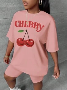 Slaydiva 2pcs/Set Plus Size Women Casual Cherry Print Summer Outfit Suitable For Going Out Back To School - Pink - View 5