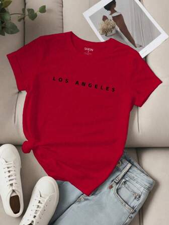 EMERY ROSE Camiseta de mujer con estampado, eslogan y letras, de manga corta y cuello redondo LOS ÁNGELES para ropa de Año Nuevo, camisetas gráficas para mujeres