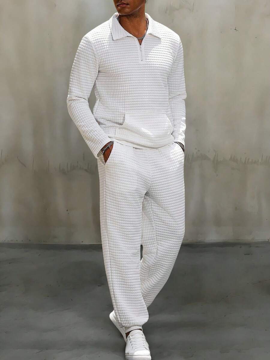 Manfinity Homme Áo thun polo dài tay có túi Jacquard và quần âu thường ngày cho nam Bộ đồ nam màu trắng Bộ đồ phối đồ nam Bộ đồ 2 món cho nam Bộ đồ dệt kim cho nam, Quần áo mùa thu - trắng - Xem 1