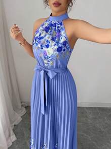 Elenzga 女式夏季优雅花卉宽松露背连衣裙 - 寶藍色 - 查看 4