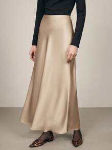 BizChic 2025 Autumn Women's Satin Waist Mermaid Hem Skirt, Business Casual Daily Commute Elegant Beach Resort Suitable For Wedding Guest, Brunch, Airport, 90s Retro Office - Champagne - View 5