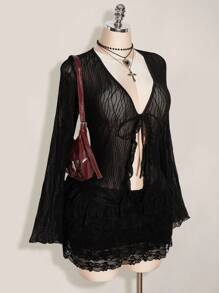 SHEIN ICON Plus Size Long Sleeve Sheer Tie Front Cardigan And Multi-Layer Lace Shorts Set,Fall Clothes For Women - Black - View 7