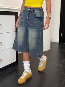 SHEIN 少女春夏 Y2K 石洗低腰宽松长短七分牛仔裤，夏季狂欢音乐会街头服饰 - 深色水洗藍 - 查看 4