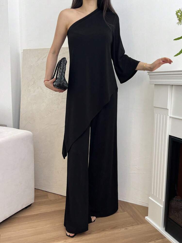 Women's Elegant Commuter Solid Color Oblique Shoulder T-Shirt And Pants 2 Pieces Set