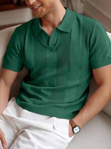 Manfinity Homme Men's Summer Casual Striped Patchwork Knit Top Men Green Knitted Polo Men Summer Polo Shirt - Dark Green - View 4