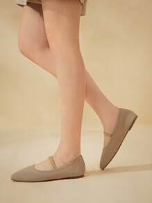 CUCCOO BASICS 女士尖头杏色平底舒适透气针织松紧带一脚蹬休闲平底鞋 - 杏色 - 查看 8