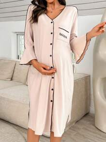 Moonlight&Mama 孕妇撞色滚边睡袍，喇叭袖，七分袖，前口袋，字母印花，家居服，秋冬季，舒适装扮 - 杏色 - 查看 4
