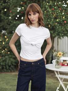 Maija Women's Solid Color Twist Front Short Sleeve Casual Versatile T-Shirt - White - View 2