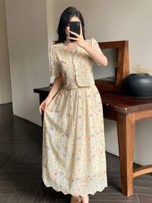 DAZY 两件套女士优雅印花圆领泡泡袖上衣和半裙套装，教师装波西米亚风 - 米色 - 查看 7