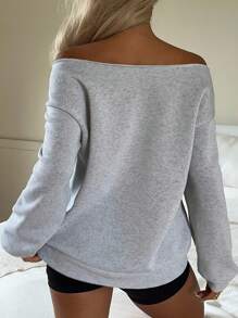 CovetEZ 休闲女式露肩单肩落肩美国独立日美国国旗蕾丝拼接格子运动衫，面料为天鹅绒和拉绒，秋冬季穿着舒适 - 灰色 - 查看 3