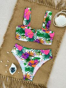 SHEIN 2pcs/Set New Multicolor Small Ditsy Floral Side High Cut Bikini Swimsuit, Spaghetti Strap Beach Vacation Women Swimwear For Summer