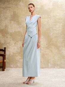 EMERY ROSE Conjunto de dos piezas elegante y casual de estilo "Old Money" para mujer, con top sin mangas de diseño plisado y falda asimétrica, en color azul cielo. Atuendo para mujer, maestras y negocios casuales. - Azul - Ver 7