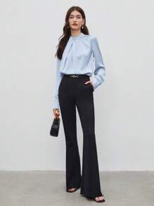 BizChic Top Feminina com Gola Alta Pequena, Design Assimétrico, Decoração Plissada, Ajuste Solto, Top de Manga Longa, Elegante Minimalista Casual para Ir ao Trabalho, Encontro, Uso Diário, Férias, Dia da Independência, Temporada de Formatura, Festival de Música, Emagrecedor, Elegante, Versátil, Premium, Verão, Social, Feriado, Festa, Passeio, Praia, Escritório, Vintage Francês, Fresco - Azul Empoeirado - Visão 5