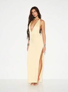 KIZN Elegante vestido de noche largo con espalda descubierta para invitada de boda, con cuello halter, escote en V profundo, largo hasta el suelo, abertura en la pierna, tirantes anudados y cintura recogida - Amarillo - Ver 4