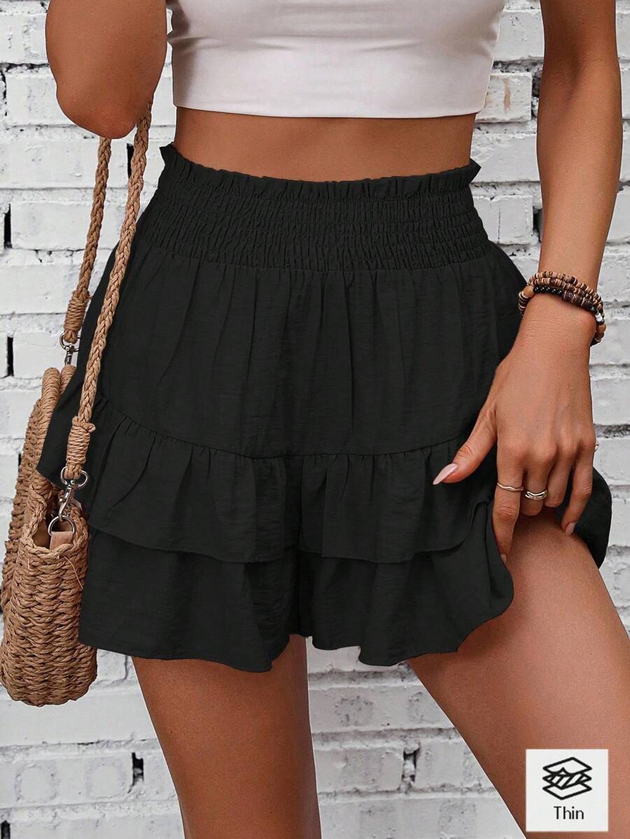 SHEIN Tall High Waist Frill Trim Double Layer Shorts Skirt, Vacation Casual - Black - View 1