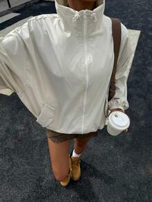 Muchica Women's Autumn New Solid Color Loose Zippered Shoulder Jacket, Suitable For Daily Street Wear - Beige - View 1