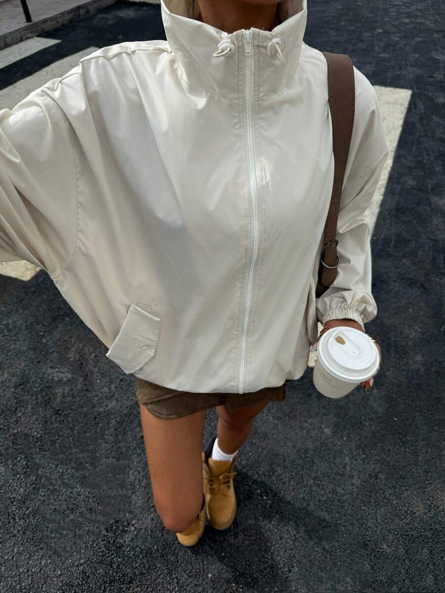 Muchica Women's Autumn New Solid Color Loose Zippered Shoulder Jacket, Suitable For Daily Street Wear - Beige - View 1