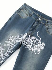 ROMWE MEN Anime Men's Washed Dragon Pattern Embroidered Denim Jeans - Blue - View 3