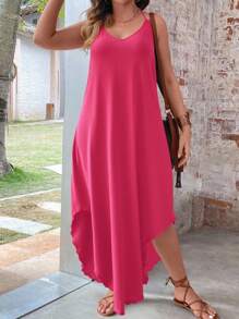 SHEIN LUNE Große Größen einfarbiges Urlaubskleid im Lässig-Stil mit geschwungener Saumkante, Maxikleid für Damen