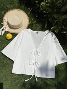 Comfortcana 大码女式前系带短袖白衬衫 - 白色 - 查看 4