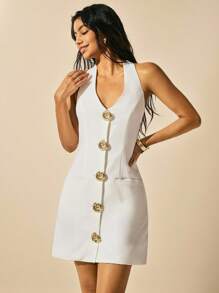 Easelle 牛仔挂脖蝴蝶结金属扣连衣裙 2025 年夏季休闲 - 黑色 - 查看 7