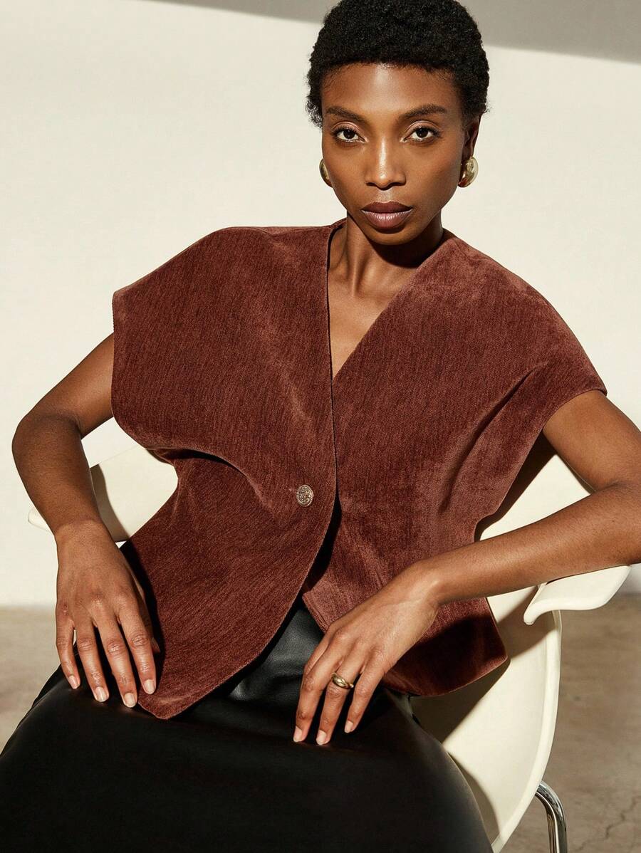 Aveloria Modichic Minimalist Deconstructed Oversized V-Neck Single Button Blouse, Asymmetrical Hem Design, Sleeveless, Suitable For Work, Autumn - Brown - View 1
