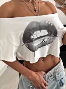 StreetHx 女式不对称领口短款 T 恤，朋克亚文化唇印白色短袖上衣