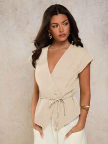 COSMINA 女士优雅V领系腰吊带背心，春夏 - 杏色 - 查看 3