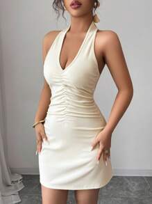 Chiquease Vestido con cuello en V, fruncido en la parte delantera, vestido con espalda descubierta y tirantes con lazo, vestido de cuello halter, vestido de verano, ropa para la universidad - Albaricoque - Ver 6