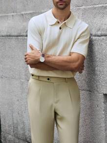 Manfinity Bizformal 男士夏季度假纯色 Polo 领短袖针织上衣 - 杏色 - 查看 5