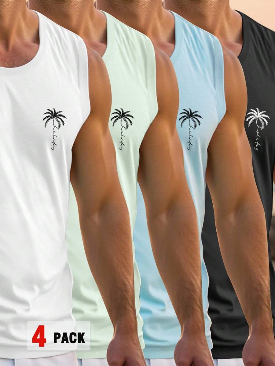 Genlund 4-Pack Men's Summer Palm Tree Print Casual Loose Tank Top Men Tank Tops Beach Muscle Shirts - Multicolor - View 1