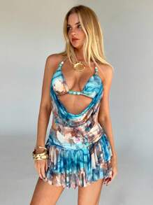 Aloruh Conjunto de top camisola con cuello profundo drapeado y espalda descubierta con estampado de teñido anudado y falda mini ajustada con volantes en el bajo y cintura baja para vacaciones de mujeres