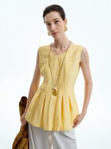 Aalyst 女士度假休闲优雅亚麻无袖纽扣领衬衫，奶油黄色，适合夏季、毕业典礼、独立日 - 芥末黃 - 查看 2