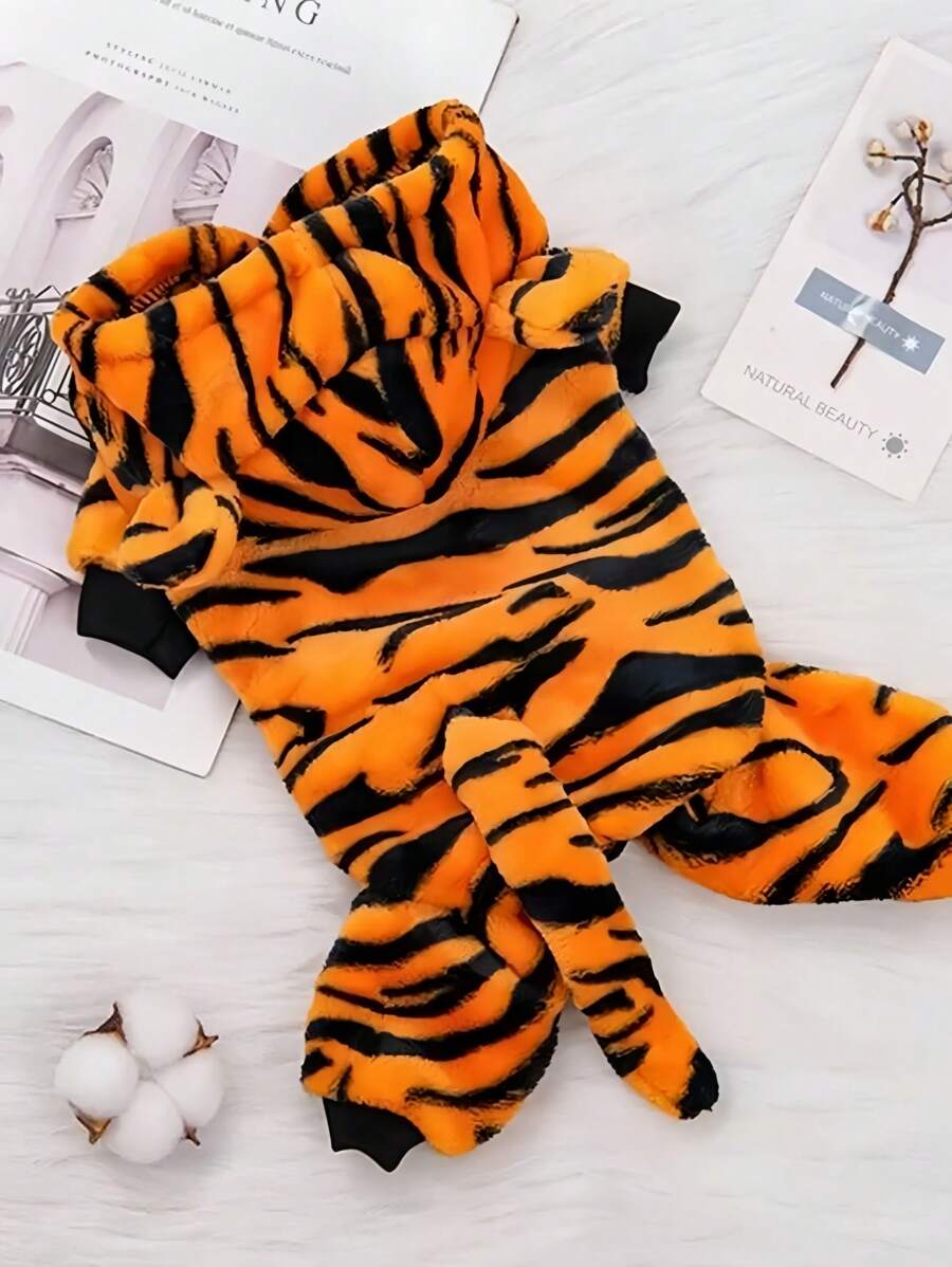 老虎服装宠物衣服毛绒羊毛四腿设计保暖冬季服装小型中大型犬猫服装背带万圣节圣诞节拍照 - 黃色 - 查看 1