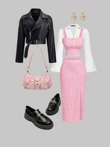 SHEIN MOD 粉色背心上衣、直筒裤、女士优雅套装、修身女士套装、西装外套和裤子、初秋装扮返校学院风上衣两件套裤子老款风格 - 粉色 - 查看 1