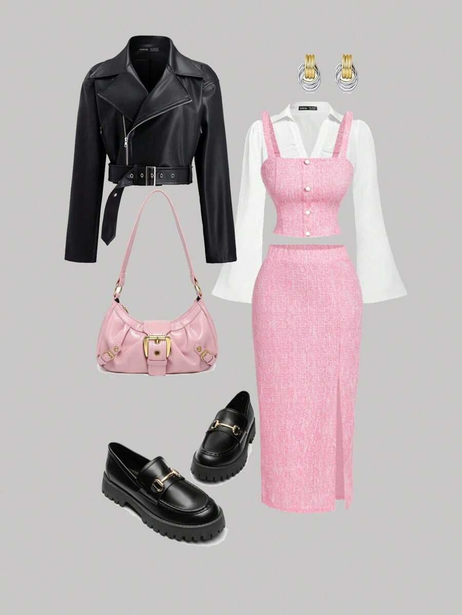 SHEIN MOD 粉色背心上衣、直筒裤、女士优雅套装、修身女士套装、西装外套和裤子、初秋装扮返校学院风上衣两件套裤子老款风格 - 粉色 - 查看 1